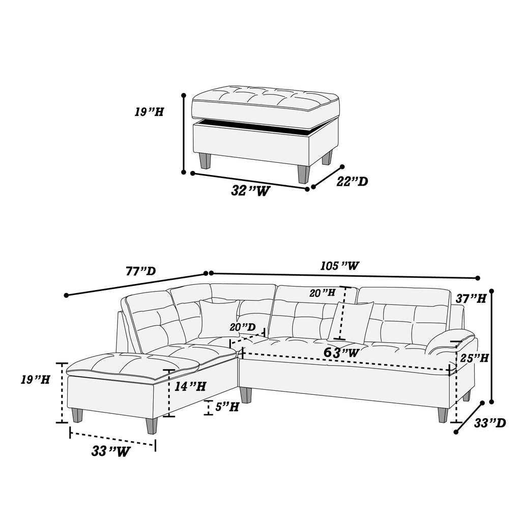 3-Piece Sectional Set W/ Ottoman – Left Facing Chaise Sectional Set W/ Ottoman-Black (F6588)