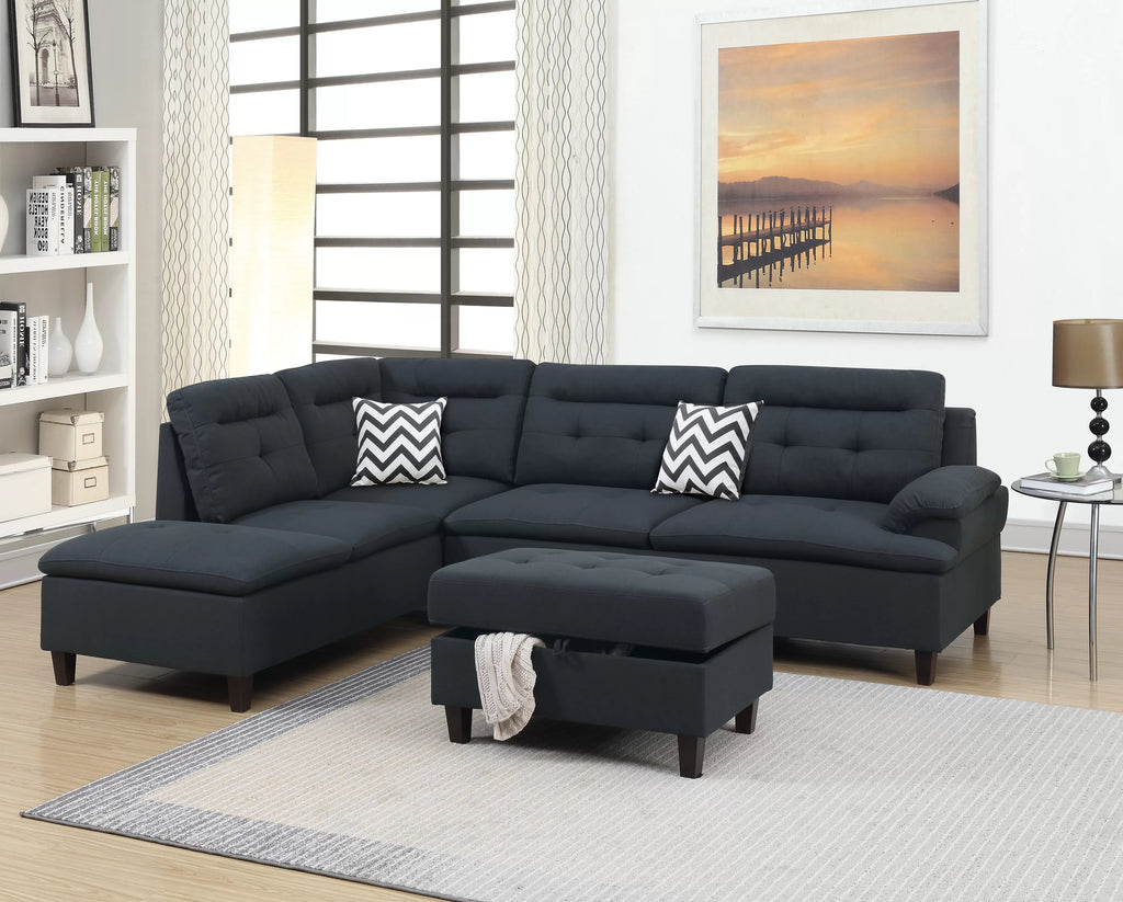3-Piece Sectional Set W/ Ottoman – Left Facing Chaise Sectional Set W/ Ottoman-Black (F6588)