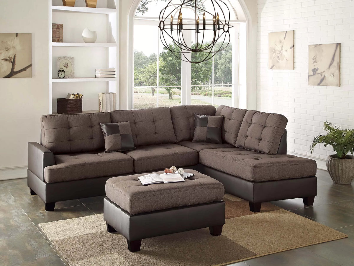 3pc Reversible Sectional Sofa Set W/ Ottoman – Reversible Sectional Set W/ Ottoman – Chocolate (F6857)