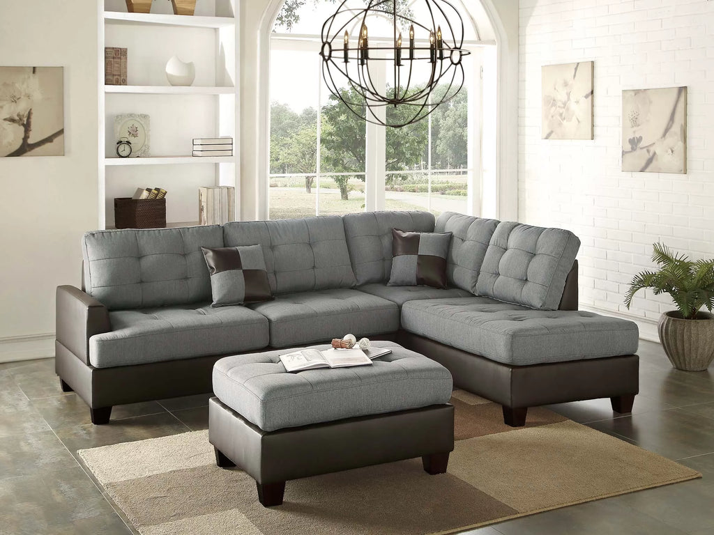 3pc Reversible Sectional Sofa Set W/ Ottoman – Reversible Sectional Set W/ Ottoman – Gray (F6858)