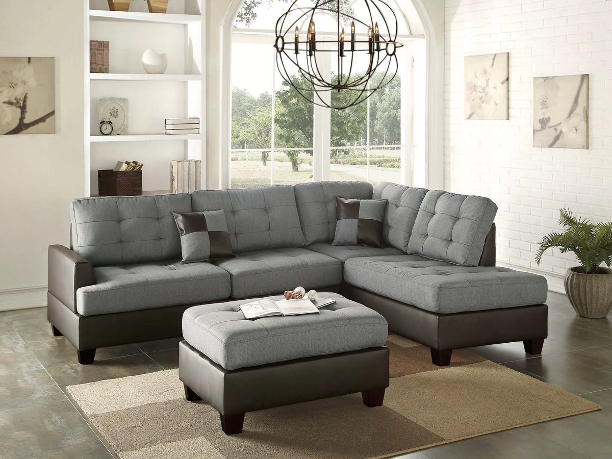 3pc Reversible Sectional Sofa Set W/ Ottoman – Reversible Sectional Set W/ Ottoman – Gray (F6858)