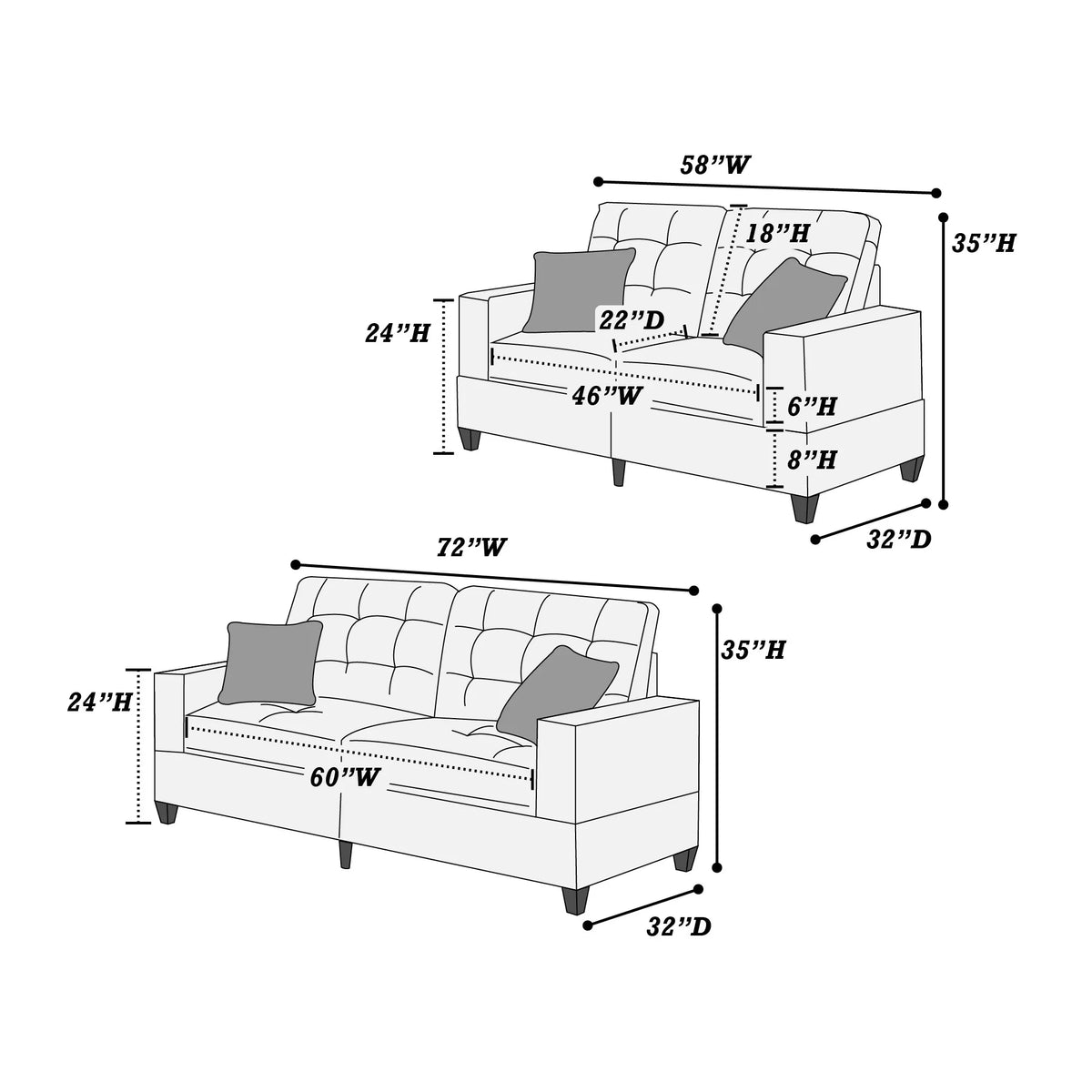 2-Piece Sofa Set – Sofa & Loveseat-Blue Grey – Black Gray (F6901)