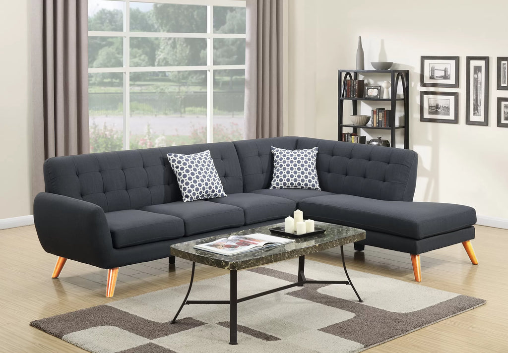 2-Piece Sectional Set W/ 2 Accent Pillows – Left Facing Sofa, Right Facing Chaise Sectional Set-Ash Black (F6954)