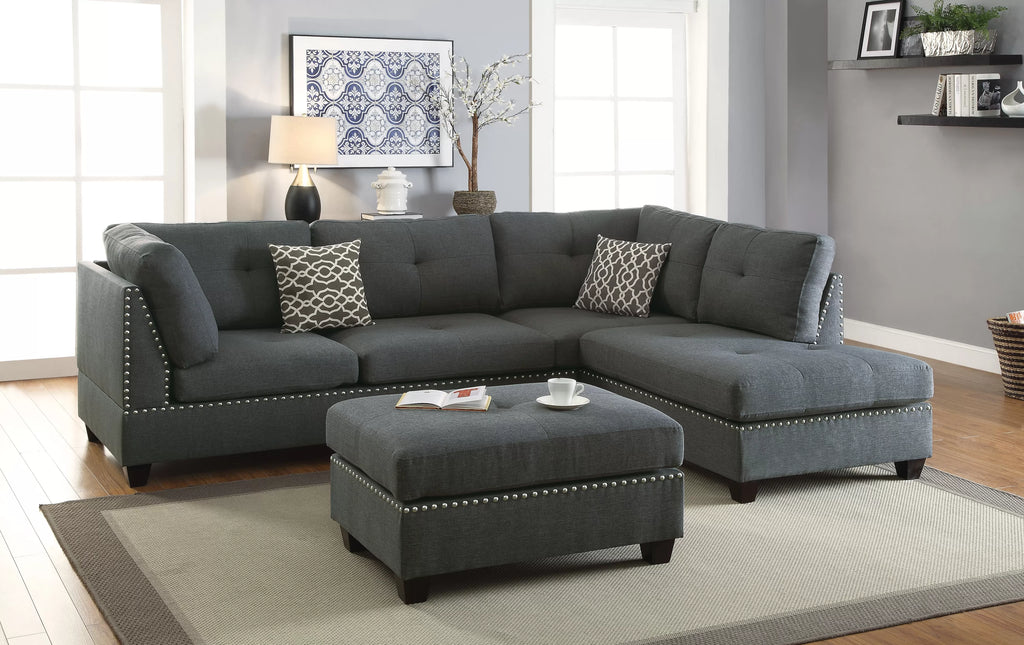 3pc Reversible Sectional Sofa Set W/ Ottoman – Reversible Sectional Set W/ Ottoman – Blue Gray (F6975)