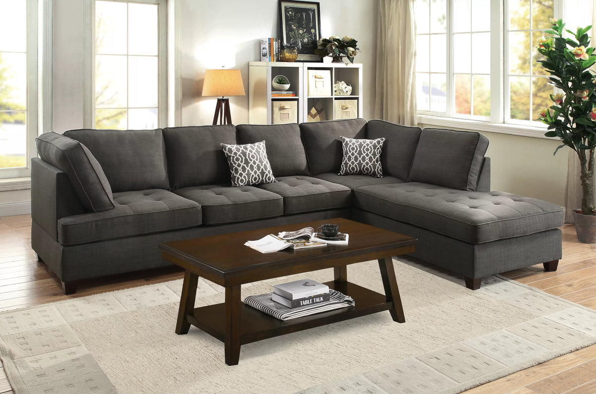 2-Piece Sectional Set W/ 2 Accent Pillows – 2pc Reversible Sectional Sofa Set W/2 Accent Pillows-Ash Black (F6988)