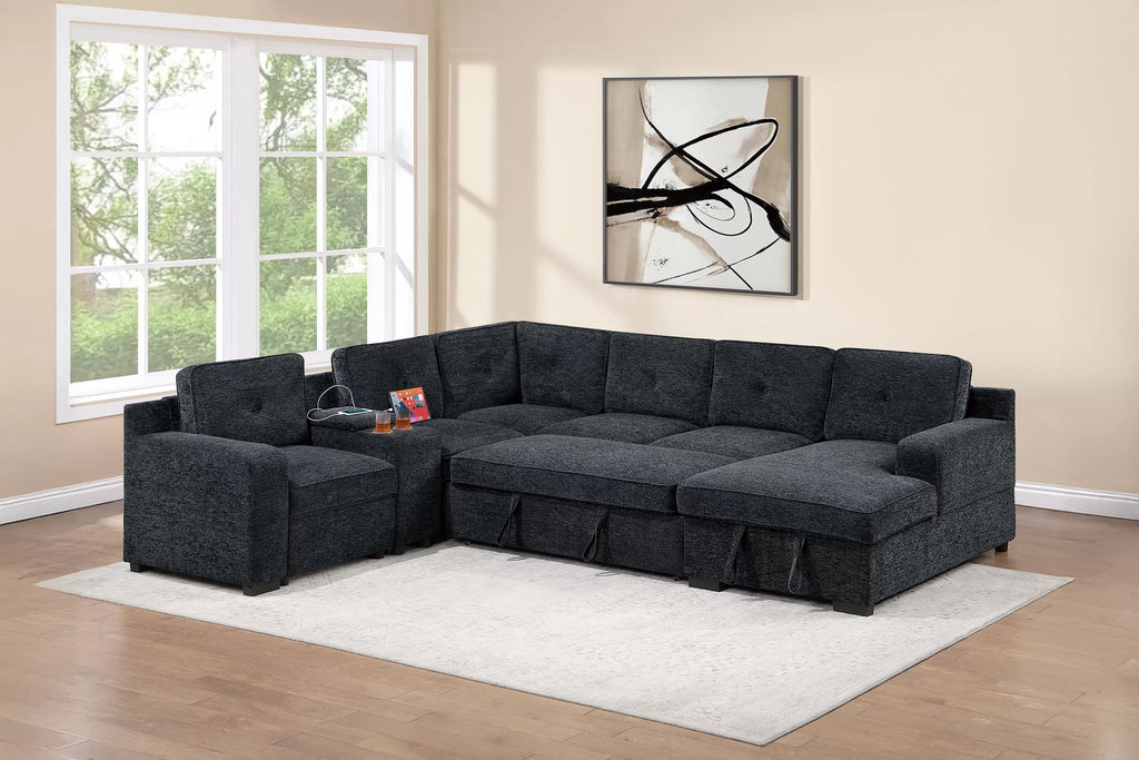 4-Piece Convertible Sectional – Pull-Out Bed Sofa W/Console + Cup Holder + USB Port +Chaise Storage – Black (F7127)