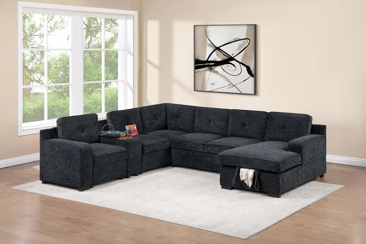 4-Piece Convertible Sectional – Pull-Out Bed Sofa W/Console + Cup Holder + USB Port +Chaise Storage – Black (F7127)
