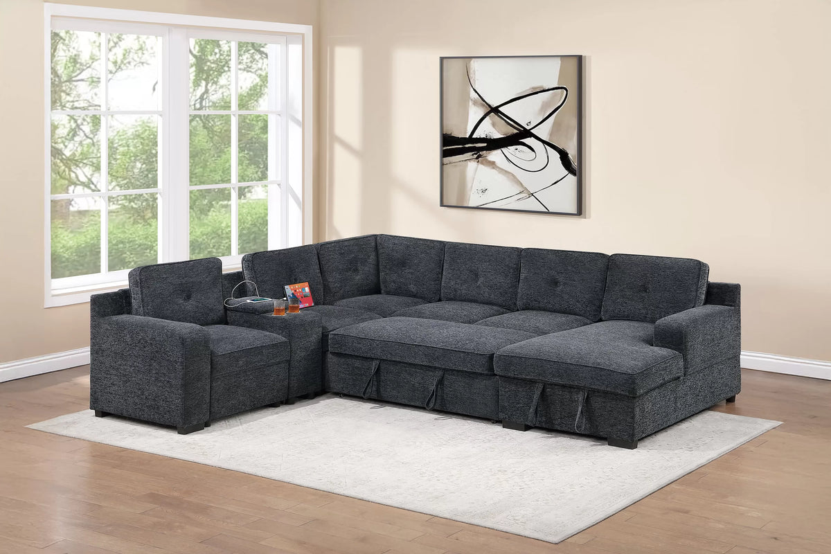 4-Piece Convertible Sectional – Pull-Out Bed Sofa W/Console + Cup Holder + USB Port + Chaise Storage – Dark Gray (F7128)