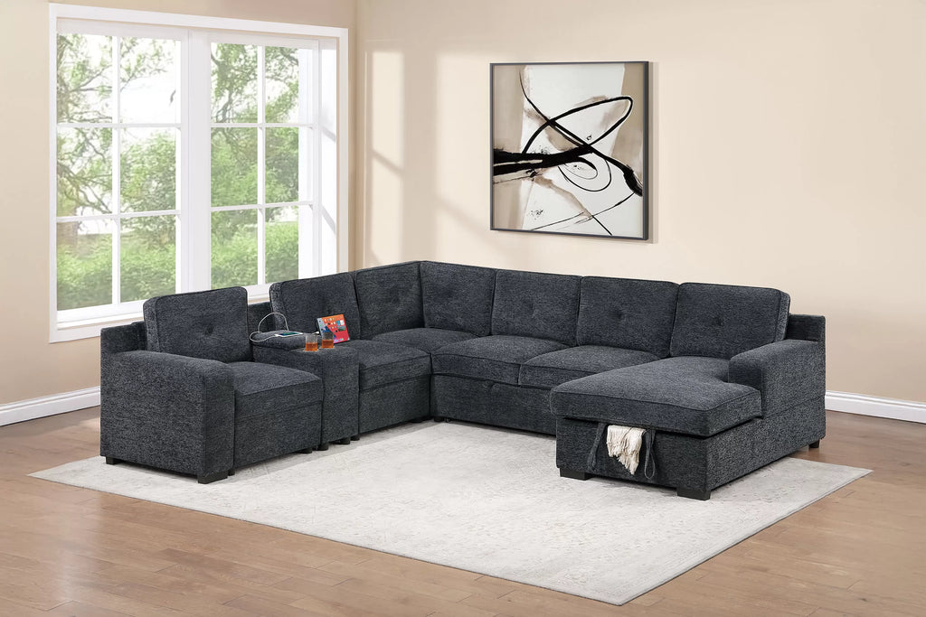 4-Piece Convertible Sectional – Pull-Out Bed Sofa W/Console + Cup Holder + USB Port + Chaise Storage – Dark Gray (F7128)