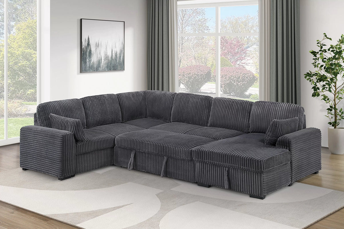 4-Piece Convertible Sectional Set – Sleeper Sofa W/ Pull-Out Bed + RAF Chaise Storage – Gray (F7132)