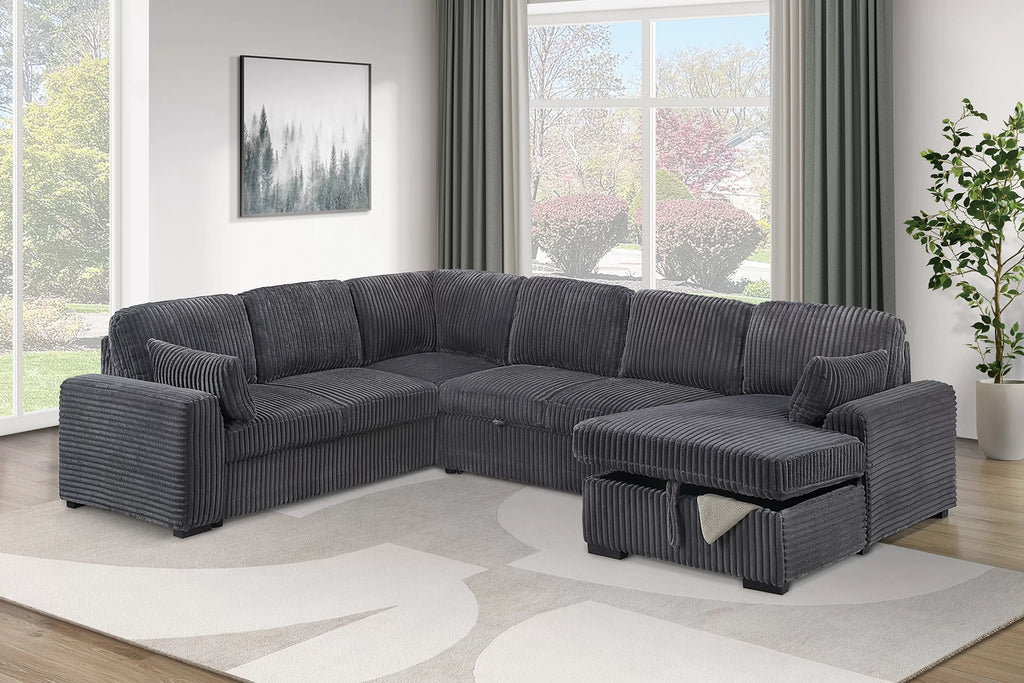 4-Piece Convertible Sectional Set – Sleeper Sofa W/ Pull-Out Bed + RAF Chaise Storage – Gray (F7132)
