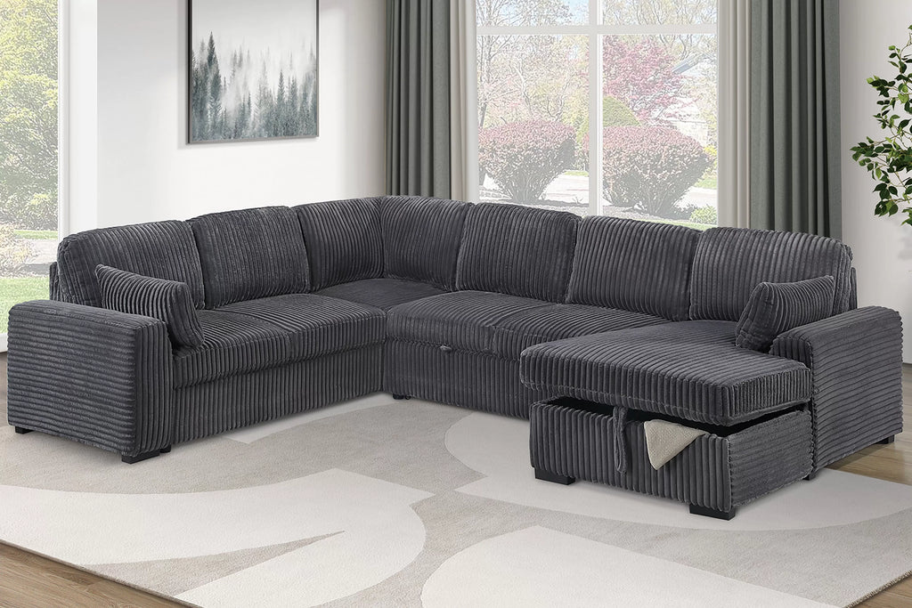 4-Piece Convertible Sectional Set – Sleeper Sofa W/ Pull-Out Bed + RAF Chaise Storage – Gray (F7132)