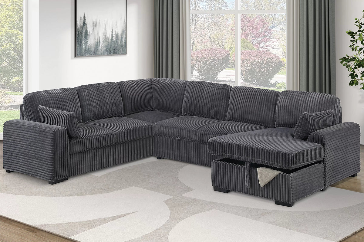 4-Piece Convertible Sectional Set – Sleeper Sofa W/ Pull-Out Bed + RAF Chaise Storage – Gray (F7132)