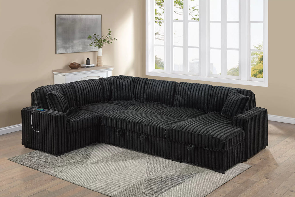4-Piece Convertible Sectional Set – Sleeper Sofa W/ Pull-Out Bed + RAF Chaise Storage + USB Port – Onyx (F7133)