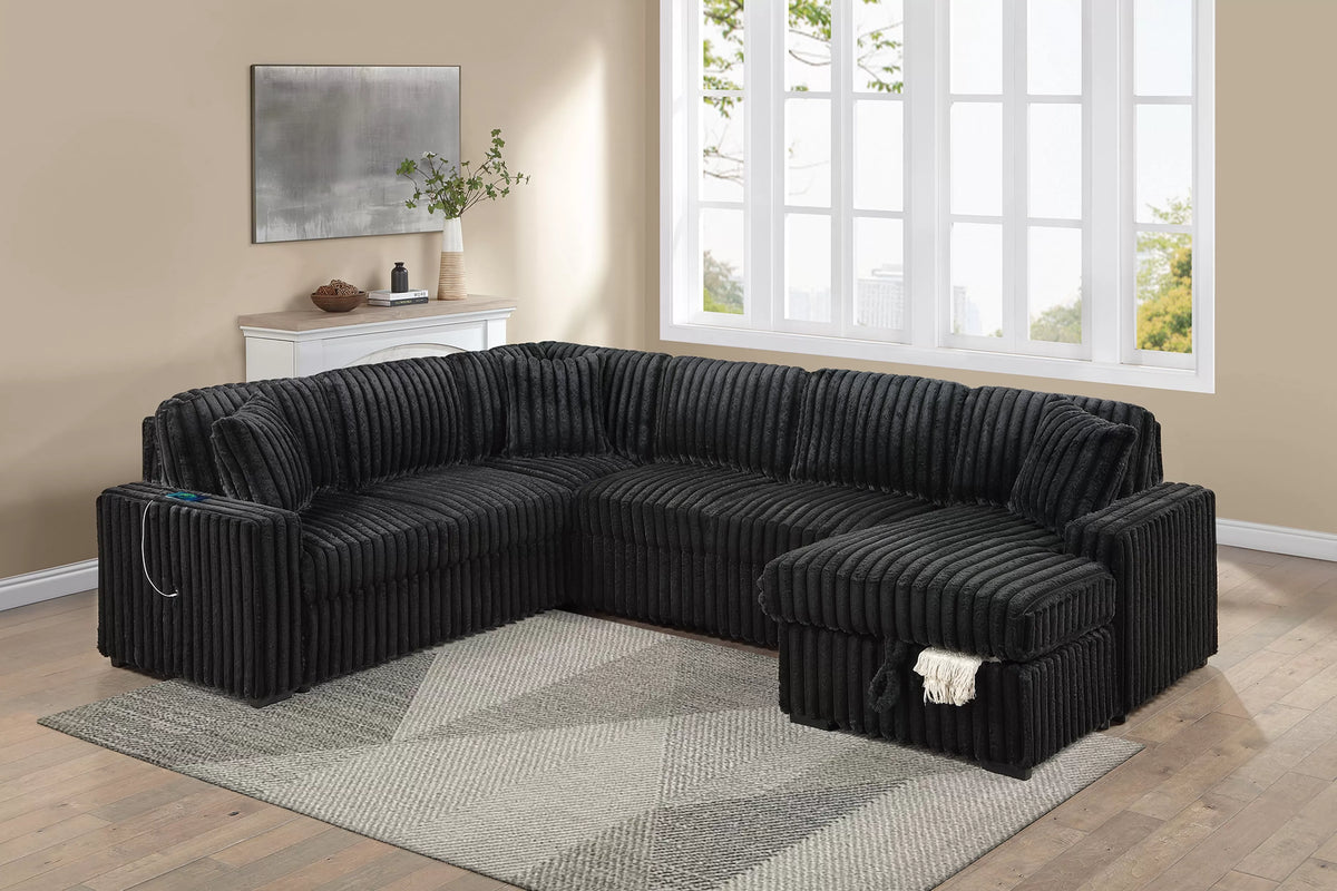 4-Piece Convertible Sectional Set – Sleeper Sofa W/ Pull-Out Bed + RAF Chaise Storage + USB Port – Onyx (F7133)