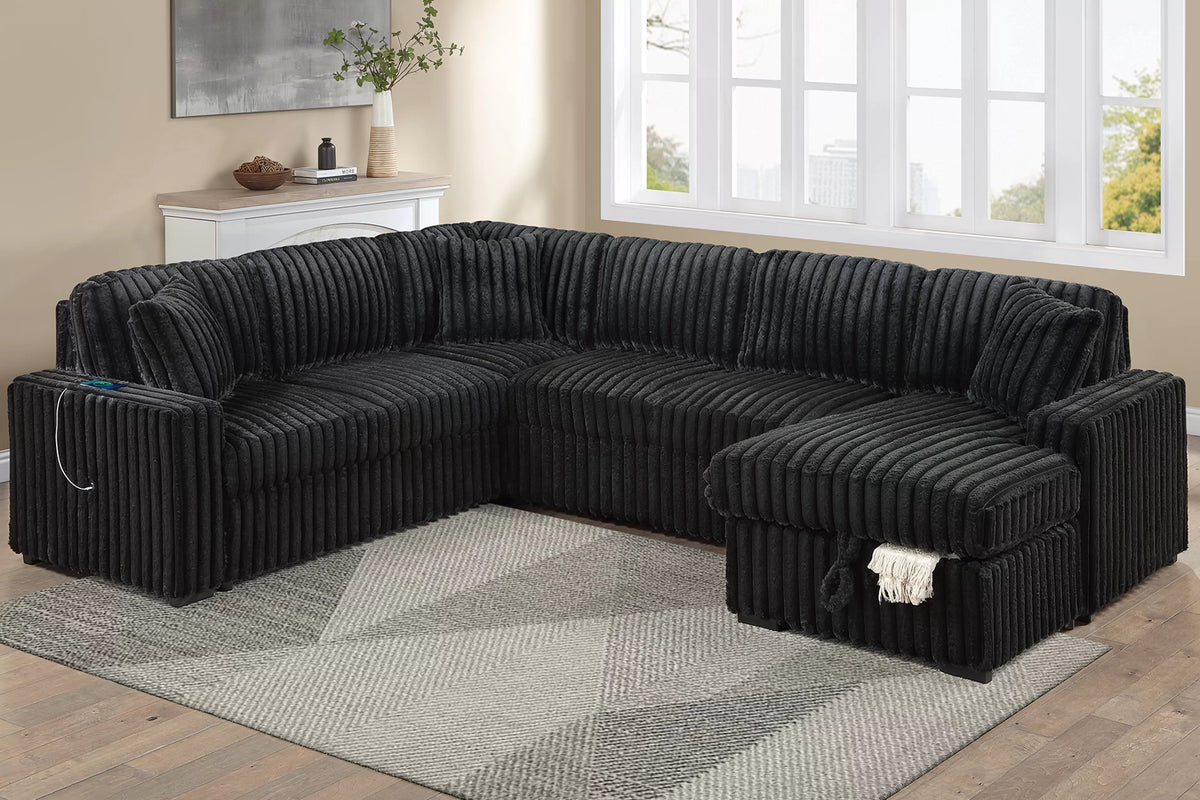 4-Piece Convertible Sectional Set – Sleeper Sofa W/ Pull-Out Bed + RAF Chaise Storage + USB Port – Onyx (F7133)