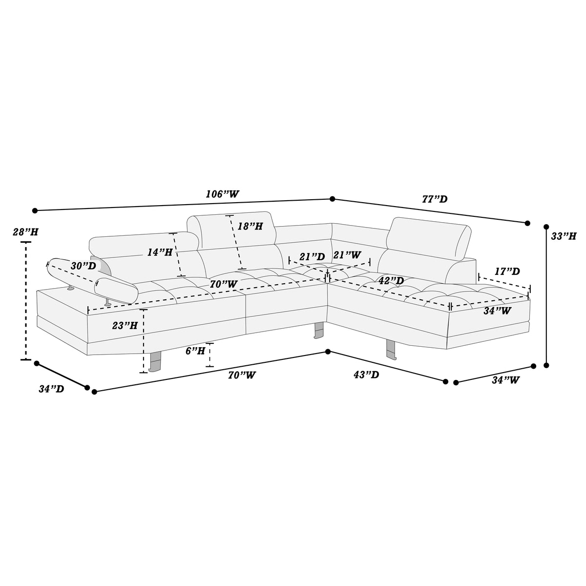 2-Piece Sectional Sofa Set – Left Facing Sofa, Right Facing Chaise Sectional Set-White (F7320)
