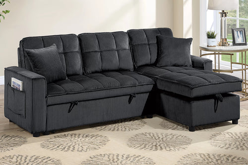 2-Piece Convertible Sectional – Reversible Convertible Sectional + Chaise Storage + Side Pocket – Black (F7471)