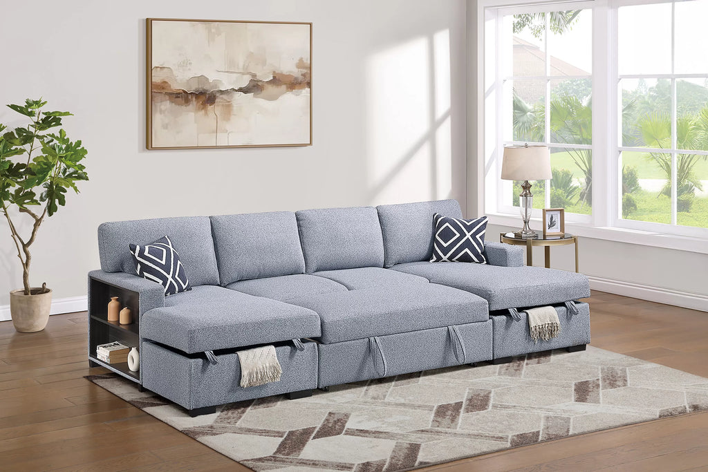 3-Piece Convertible Sectional – Sleeper Sofa + 2 Chaise Storage + Built-in Shelf – Gray (F7475)