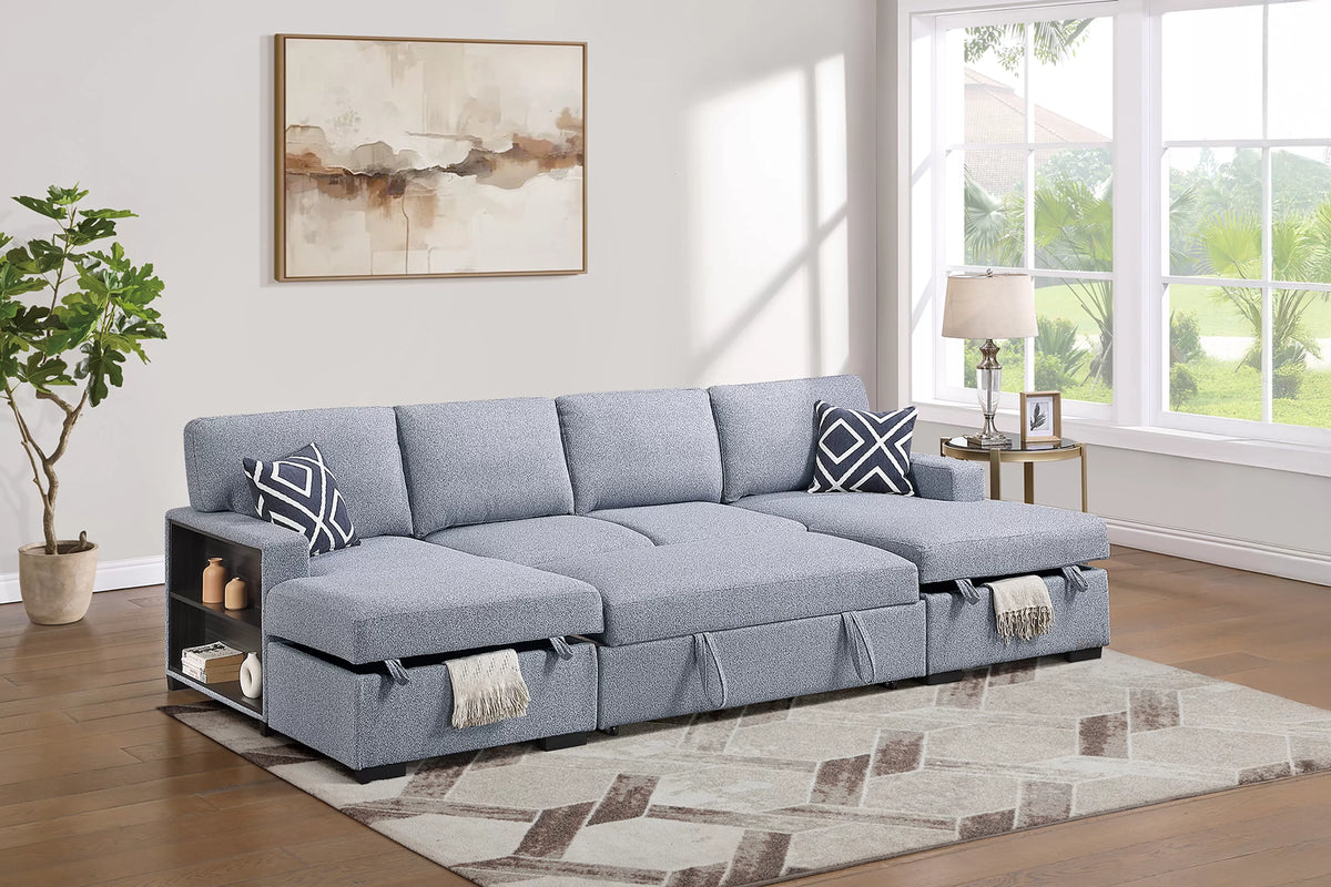 3-Piece Convertible Sectional – Sleeper Sofa + 2 Chaise Storage + Built-in Shelf – Gray (F7475)