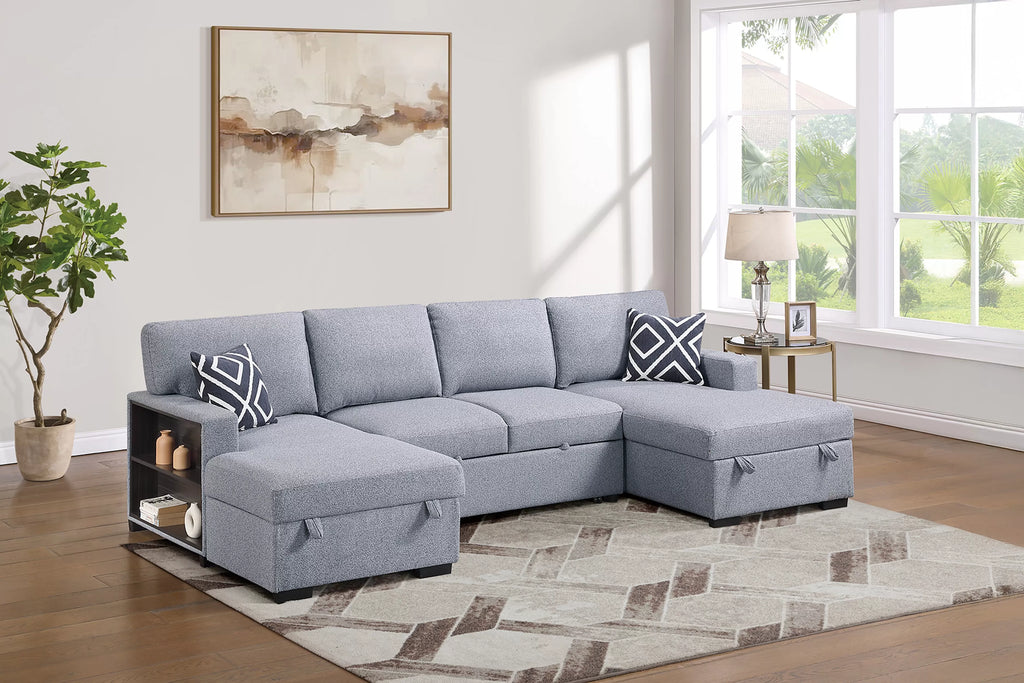 3-Piece Convertible Sectional – Sleeper Sofa + 2 Chaise Storage + Built-in Shelf – Gray (F7475)