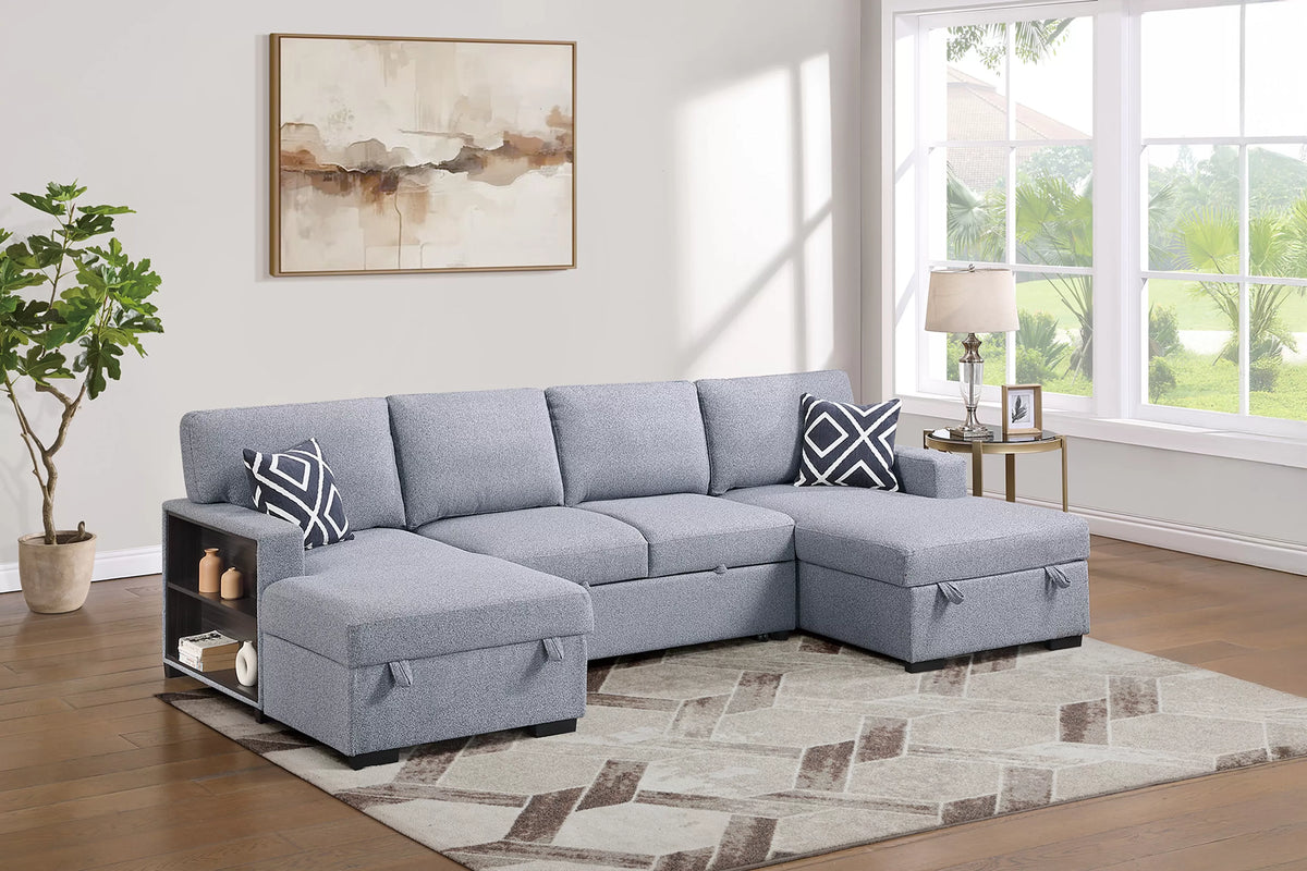3-Piece Convertible Sectional – Sleeper Sofa + 2 Chaise Storage + Built-in Shelf – Gray (F7475)