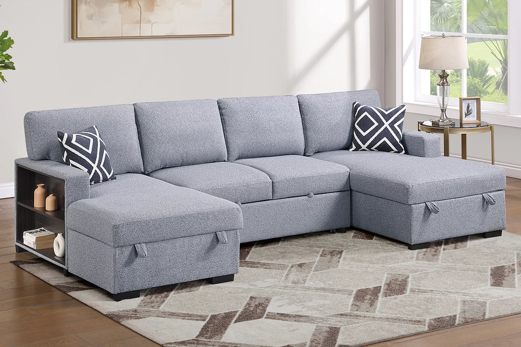 3-Piece Convertible Sectional – Sleeper Sofa + 2 Chaise Storage + Built-in Shelf – Gray (F7475)