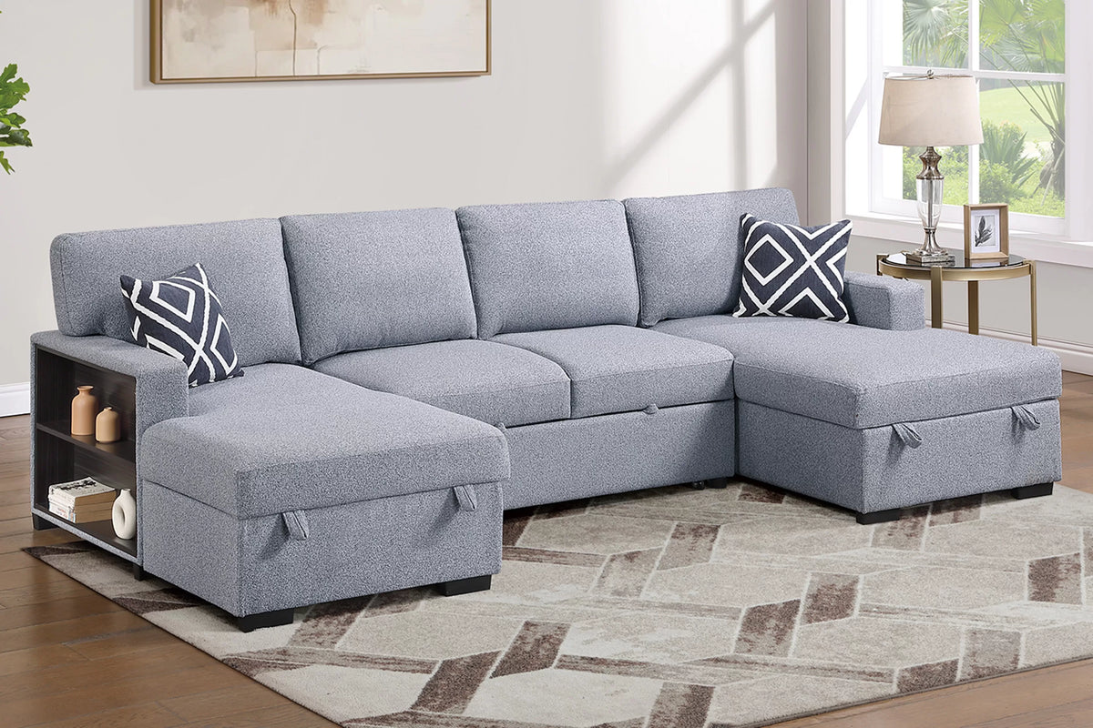 3-Piece Convertible Sectional – Sleeper Sofa + 2 Chaise Storage + Built-in Shelf – Gray (F7475)