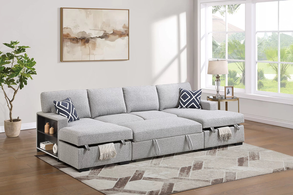 3-Piece Convertible Sectional – Sleeper Sofa + 2 Chaise Storage + Built-in Shelf – Beige (F7476)