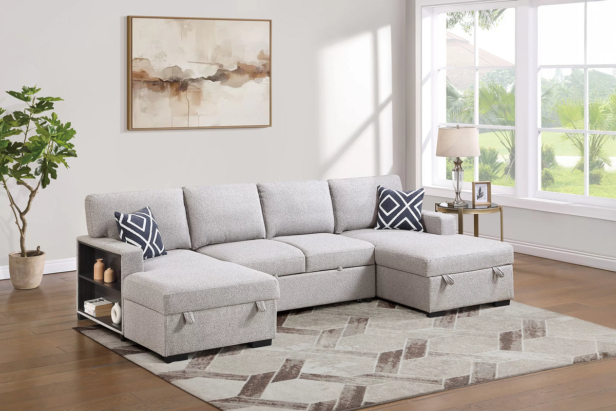 3-Piece Convertible Sectional – Sleeper Sofa + 2 Chaise Storage + Built-in Shelf – Beige (F7476)