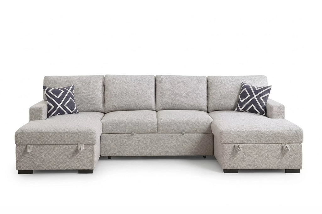 3-Piece Convertible Sectional – Sleeper Sofa + 2 Chaise Storage + Built-in Shelf – Beige (F7476)