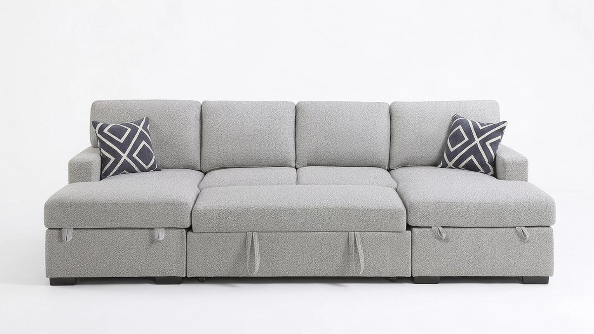 3-Piece Convertible Sectional – Sleeper Sofa + 2 Chaise Storage + Built-in Shelf – Beige (F7476)