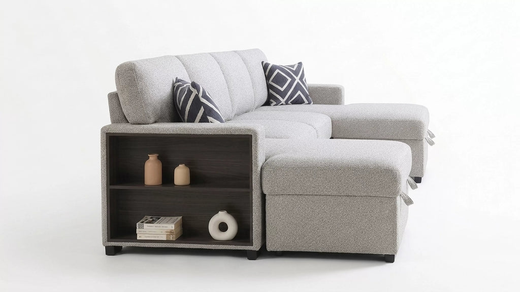 3-Piece Convertible Sectional – Sleeper Sofa + 2 Chaise Storage + Built-in Shelf – Beige (F7476)