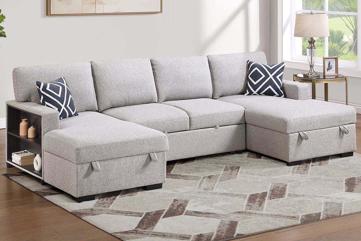 3-Piece Convertible Sectional – Sleeper Sofa + 2 Chaise Storage + Built-in Shelf – Beige (F7476)