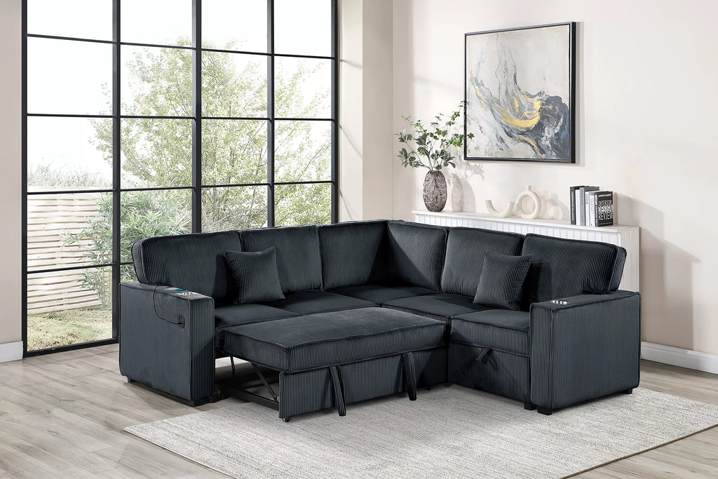 3-Piece Convertible Sectional – Sleeper Sofa W/Cupholder, Sofa Storage, & USB Ports – Black (F7479)