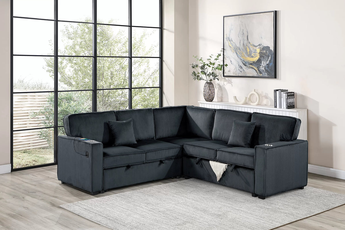 3-Piece Convertible Sectional – Sleeper Sofa W/Cupholder, Sofa Storage, & USB Ports – Black (F7479)