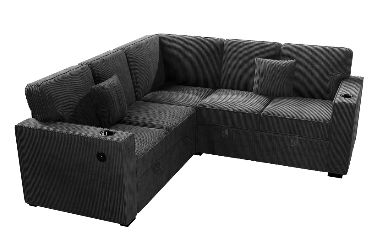3-Piece Convertible Sectional – Sleeper Sofa W/Cupholder, Sofa Storage, & USB Ports – Black (F7479)