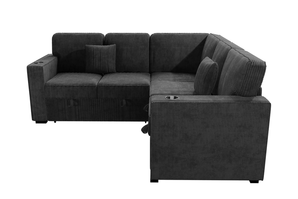 3-Piece Convertible Sectional – Sleeper Sofa W/Cupholder, Sofa Storage, & USB Ports – Black (F7479)