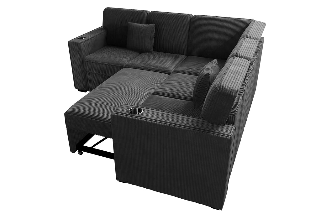 3-Piece Convertible Sectional – Sleeper Sofa W/Cupholder, Sofa Storage, & USB Ports – Black (F7479)