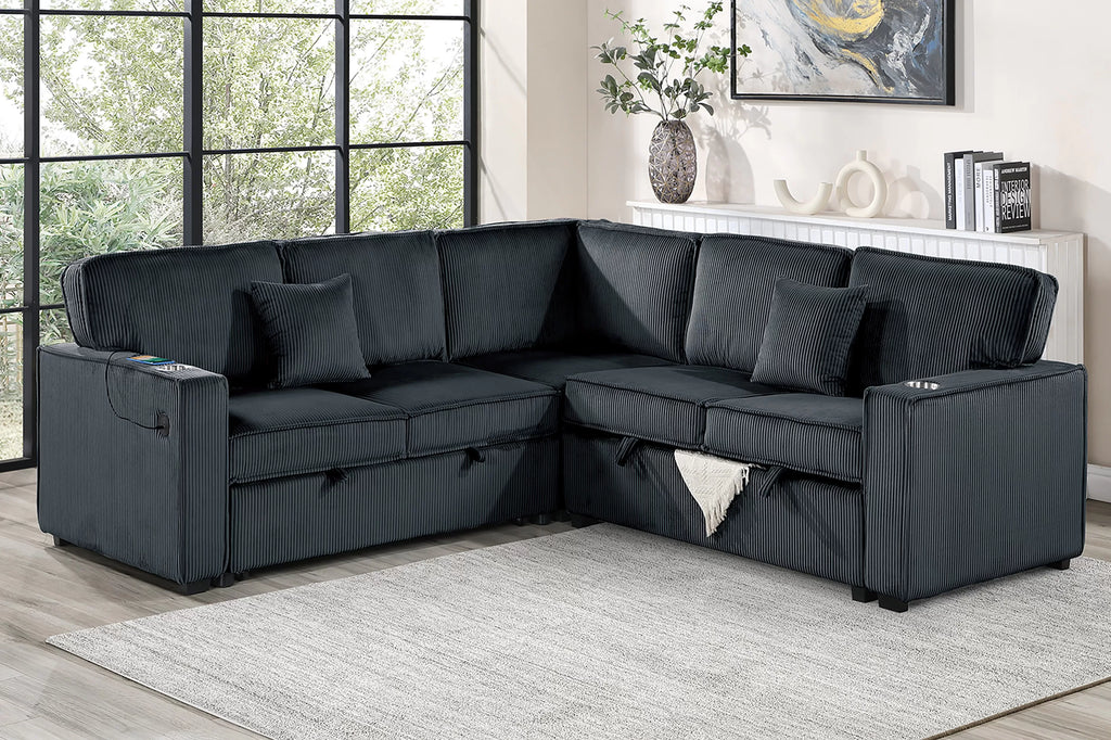 3-Piece Convertible Sectional – Sleeper Sofa W/Cupholder, Sofa Storage, & USB Ports – Black (F7479)