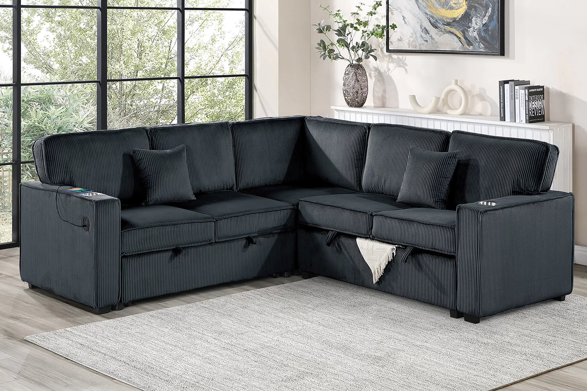 3-Piece Convertible Sectional – Sleeper Sofa W/Cupholder, Sofa Storage, & USB Ports – Black (F7479)