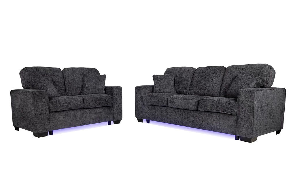 2-Piece Sofa Set – Built-In LED Lights Sofa & Loveseat – Black (F7495)