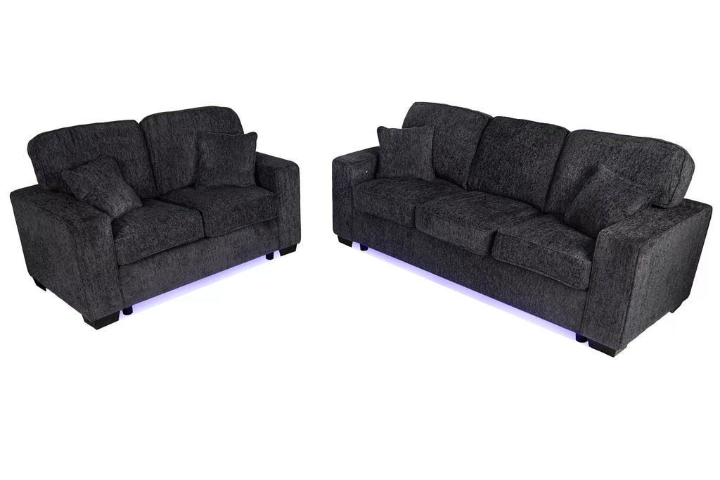 2-Piece Sofa Set – Built-In LED Lights Sofa & Loveseat – Black (F7495)