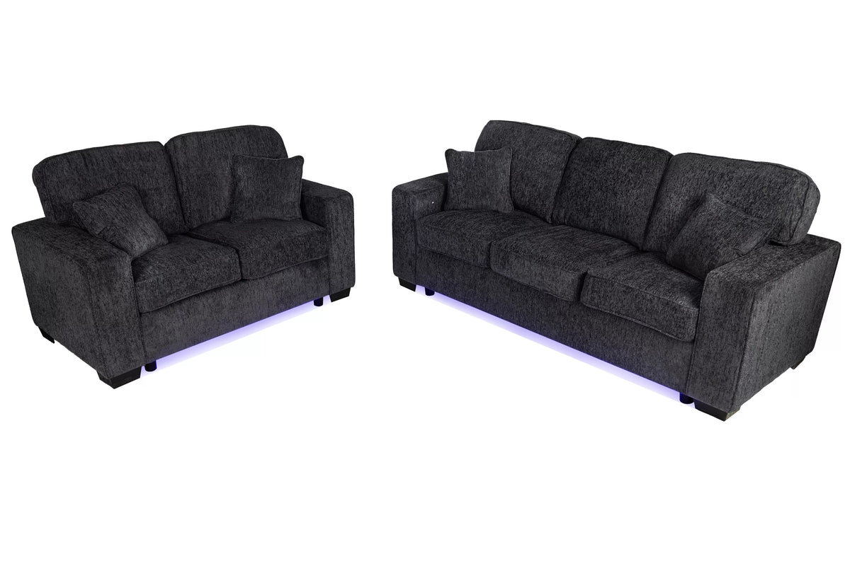 2-Piece Sofa Set – Built-In LED Lights Sofa & Loveseat – Black (F7495)