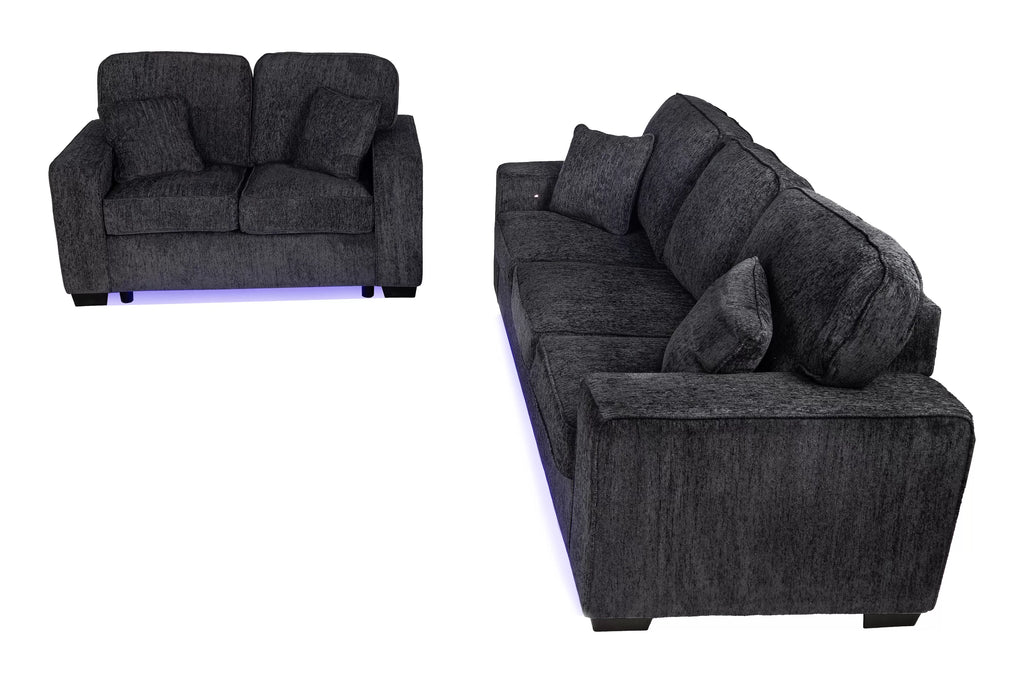 2-Piece Sofa Set – Built-In LED Lights Sofa & Loveseat – Black (F7495)