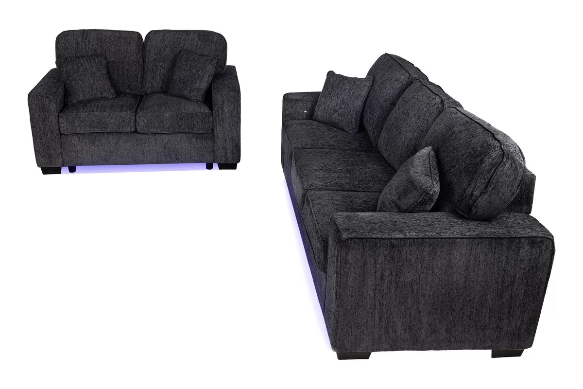 2-Piece Sofa Set – Built-In LED Lights Sofa & Loveseat – Black (F7495)