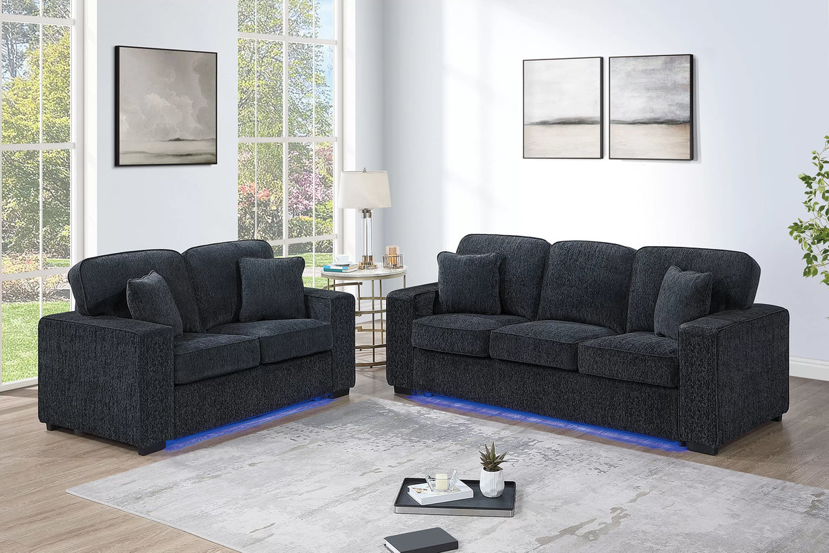 2-Piece Sofa Set – Built-In LED Lights Sofa & Loveseat – Black (F7495)