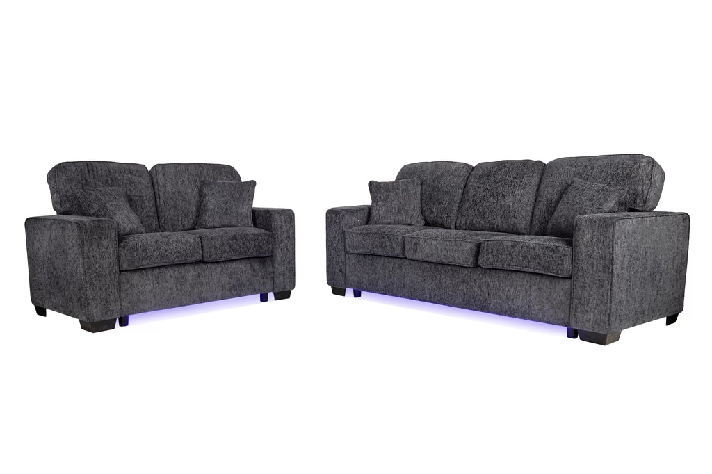 2-Piece Sofa Set – Built-In LED Lights Sofa & Loveseat – Dark Gray (F7496)