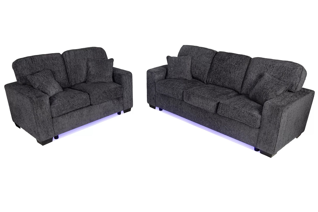 2-Piece Sofa Set – Built-In LED Lights Sofa & Loveseat – Dark Gray (F7496)