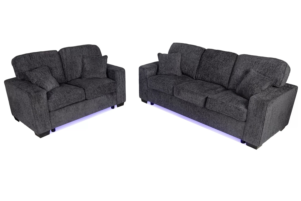 2-Piece Sofa Set – Built-In LED Lights Sofa & Loveseat – Dark Gray (F7496)